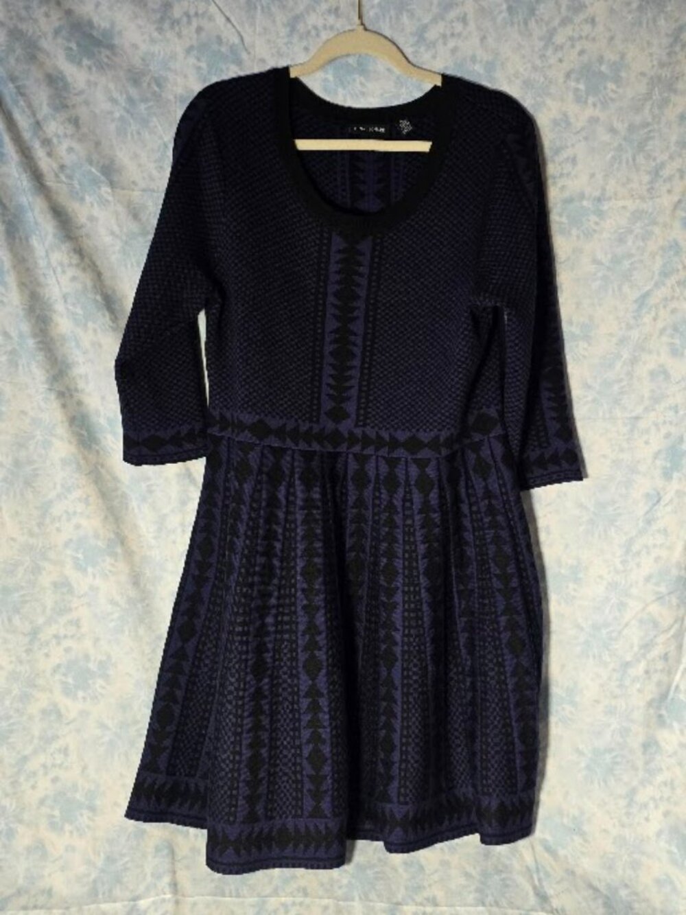 Nina Leonard Royal Purple & Black Jacquard Sweater Dress (XL)